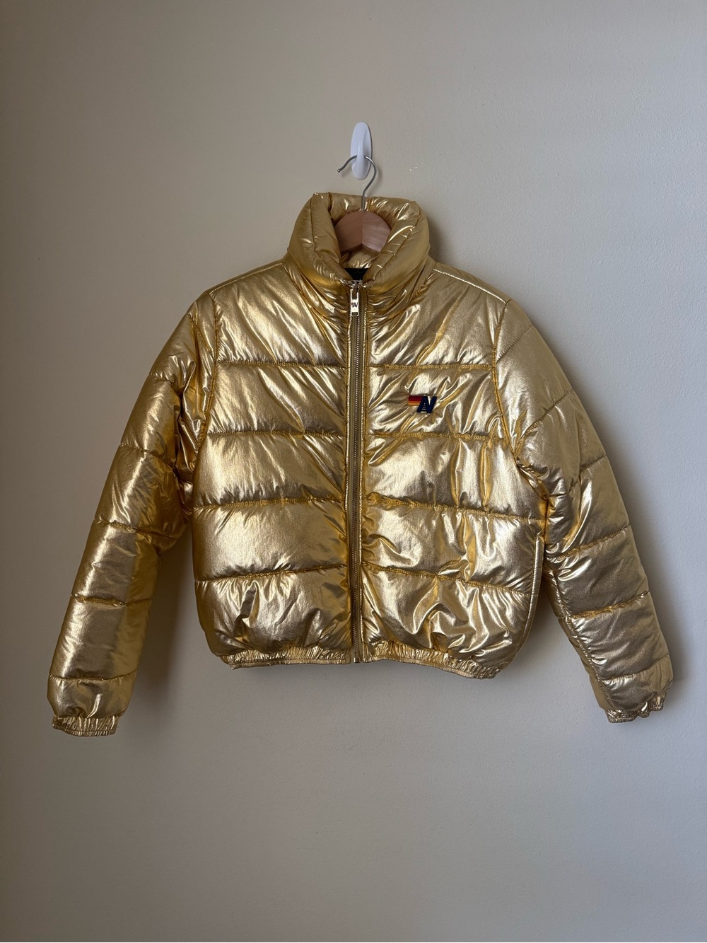 Aviator Nation Bolt Luxe Apres Puffer Jacket Metallic Gold XS